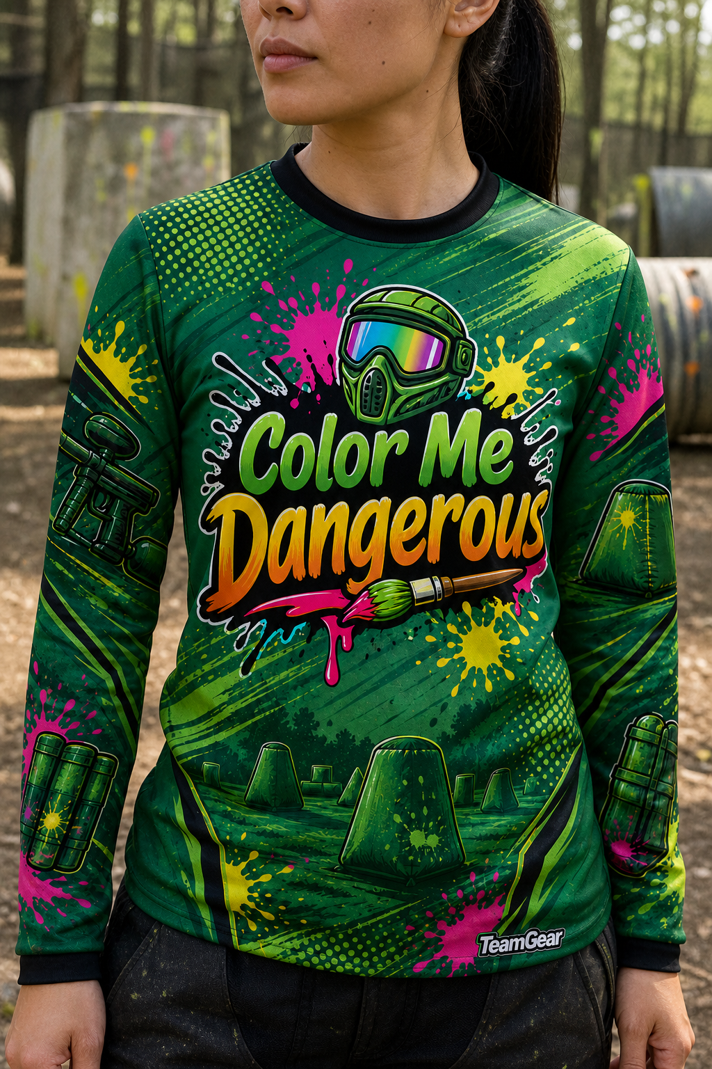 Color Me Dangerous Green Long Sleeve Paintball Jersey — custom paintball jersey worn on model — TeamGear Canada