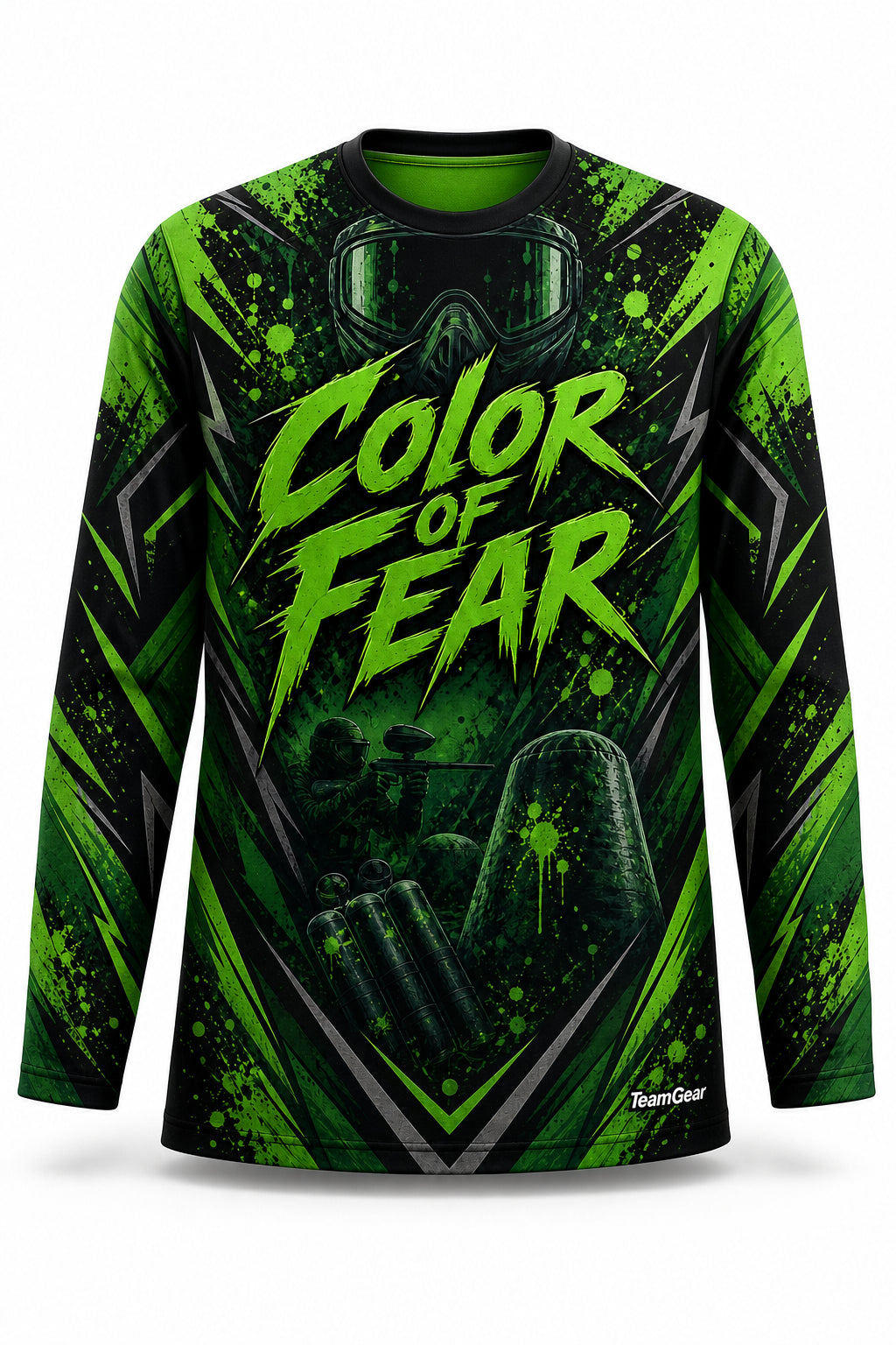 Color of Fear Green Long Sleeve Paintball Jersey - front and back view