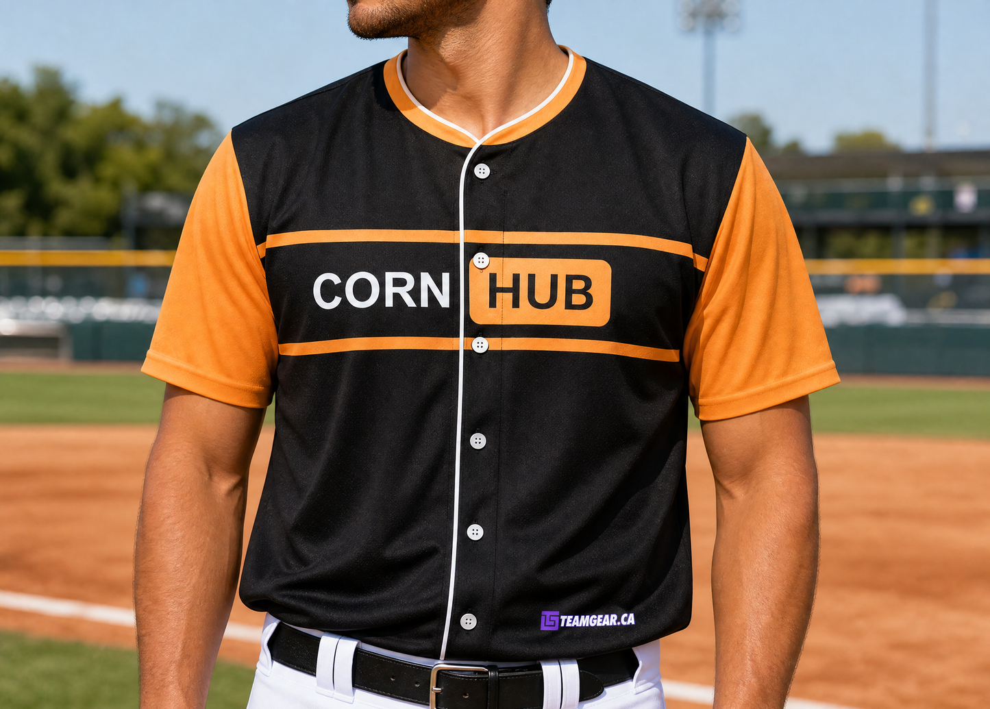 Corn Hub Baseball Jersey Full Button — custom baseball jersey worn on model — TeamGear Canada