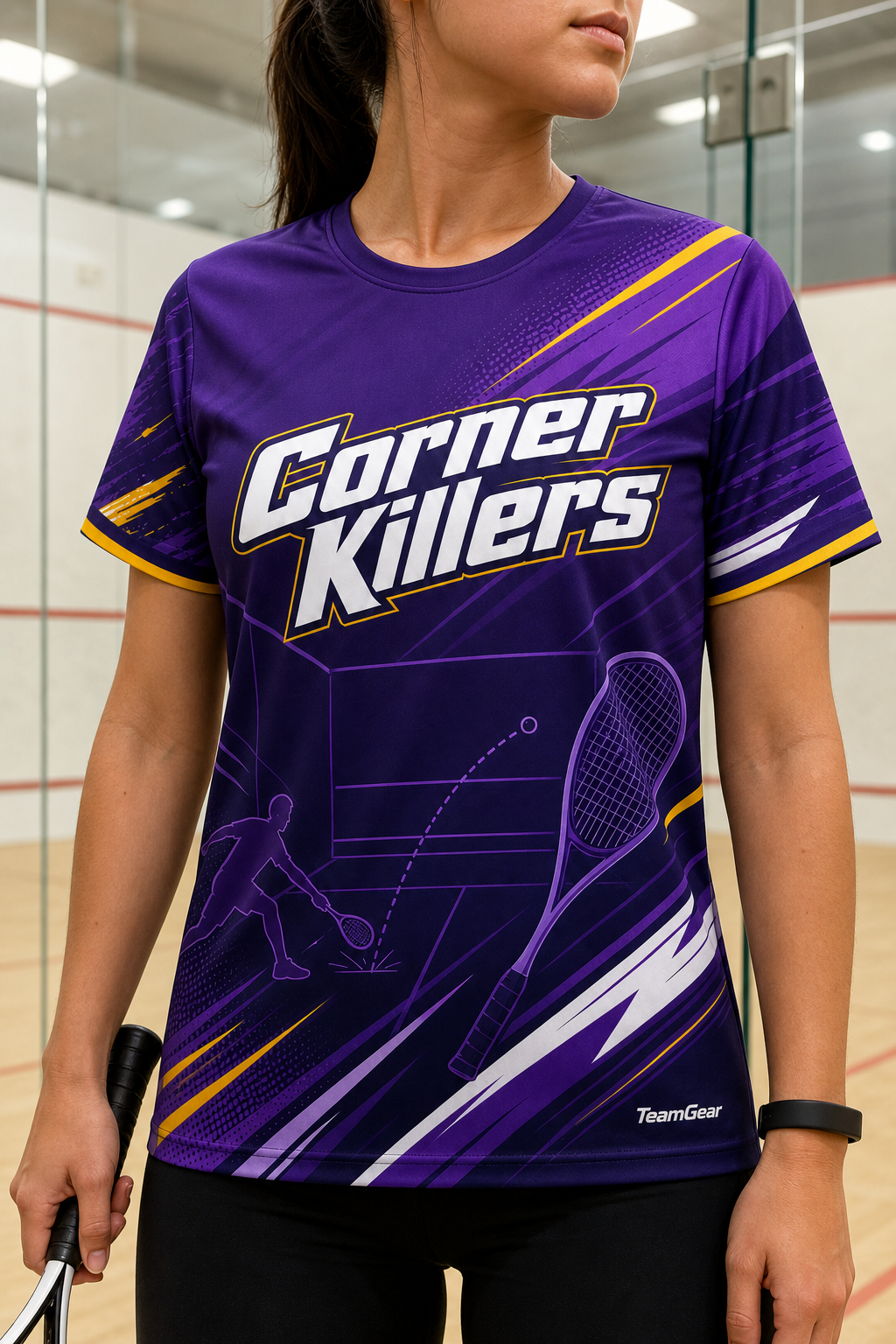 Corner Killers Purple Squash Jersey — custom squash jersey worn on model — TeamGear Canada