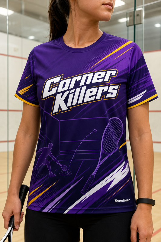 Corner Killers Purple Squash Jersey — custom squash jersey worn on model — TeamGear Canada