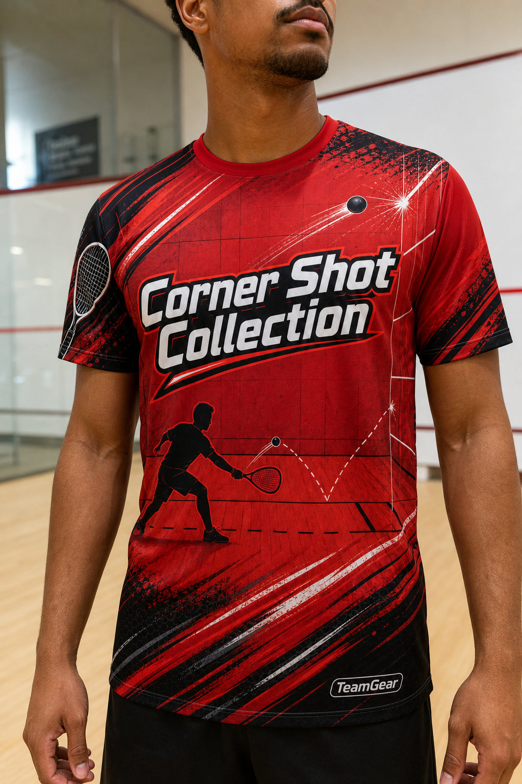 Corner Shot Collection Red Racquetball Jersey — custom racquetball jersey worn on model — TeamGear Canada