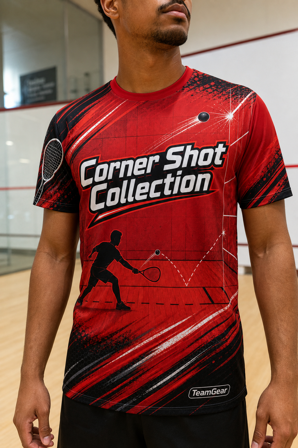 Corner Shot Collection Red Racquetball Jersey — custom racquetball jersey worn on model — TeamGear Canada