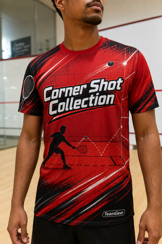 Corner Shot Collection Red Racquetball Jersey — custom racquetball jersey worn on model — TeamGear Canada