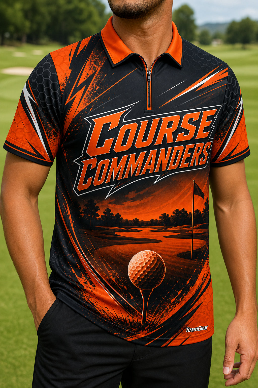 Course Commanders Orange Golf Polo — custom golf team apparel worn on model — TeamGear Canada