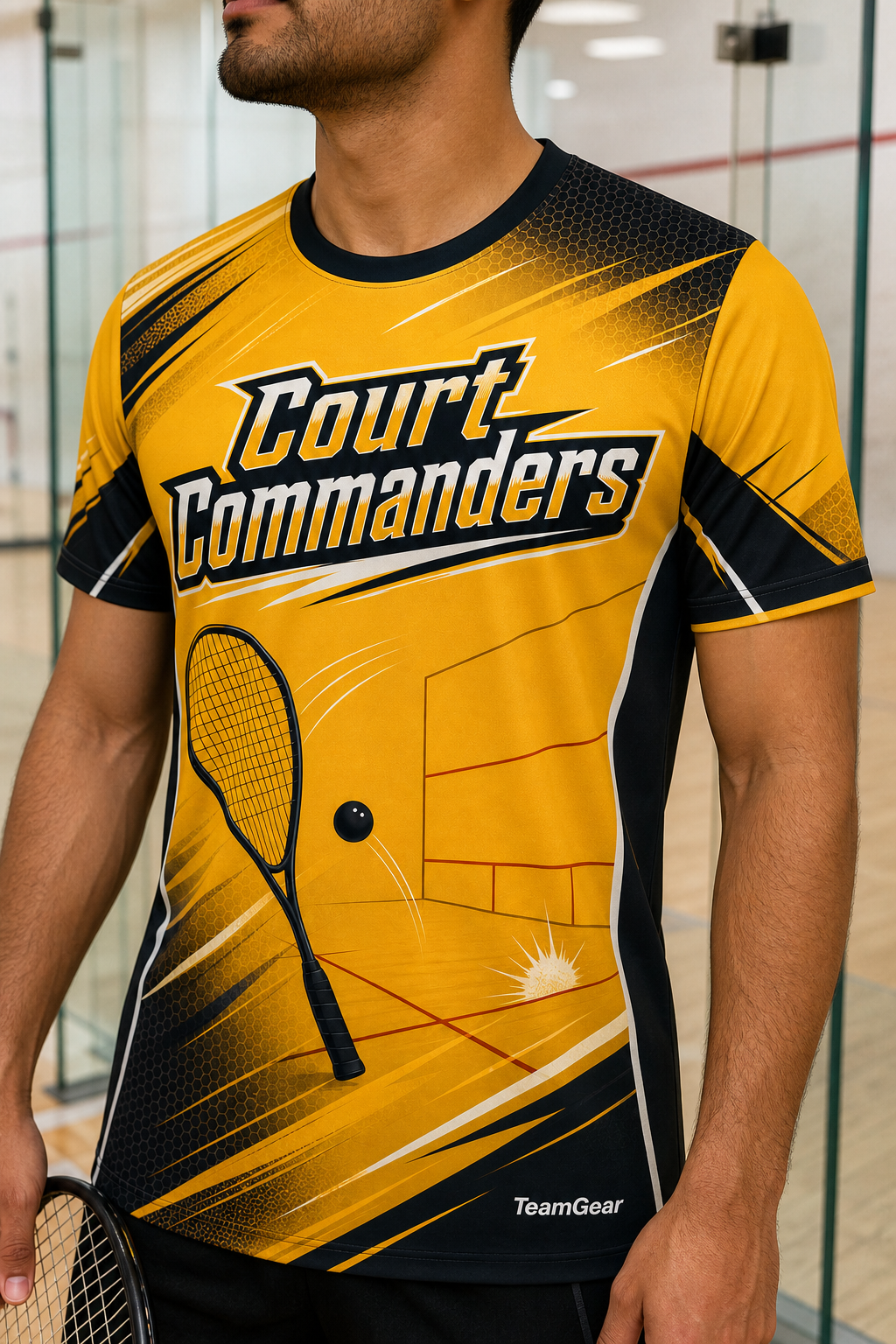 Court Commanders Gold Squash Jersey — custom squash jersey worn on model — TeamGear Canada