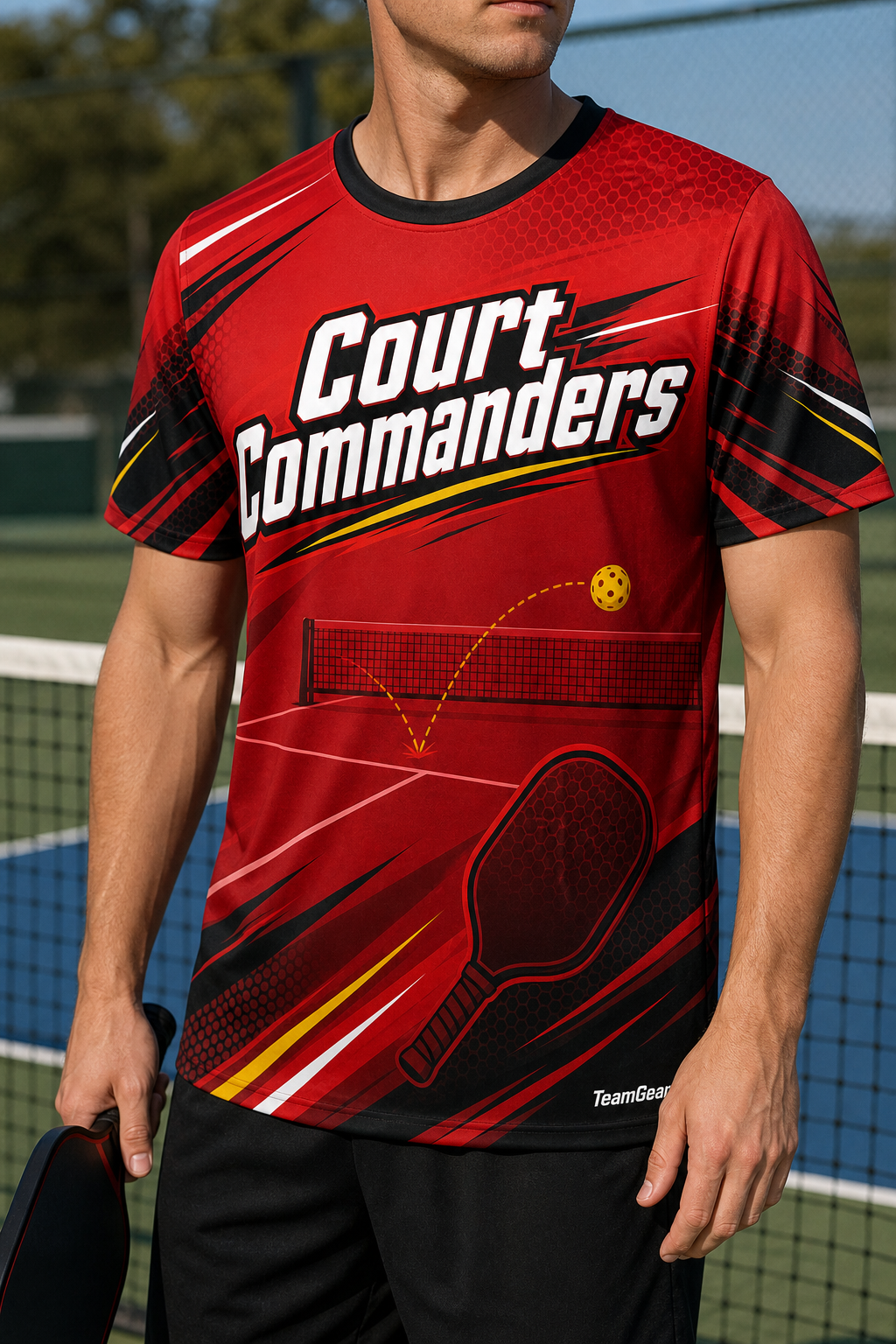 Court Commanders Red Pickleball Jersey — custom pickleball jersey worn on model — TeamGear Canada