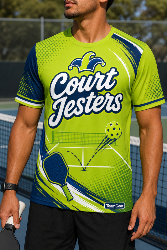 Court Jesters Lime Pickleball Jersey — custom pickleball jersey worn on model — TeamGear Canada