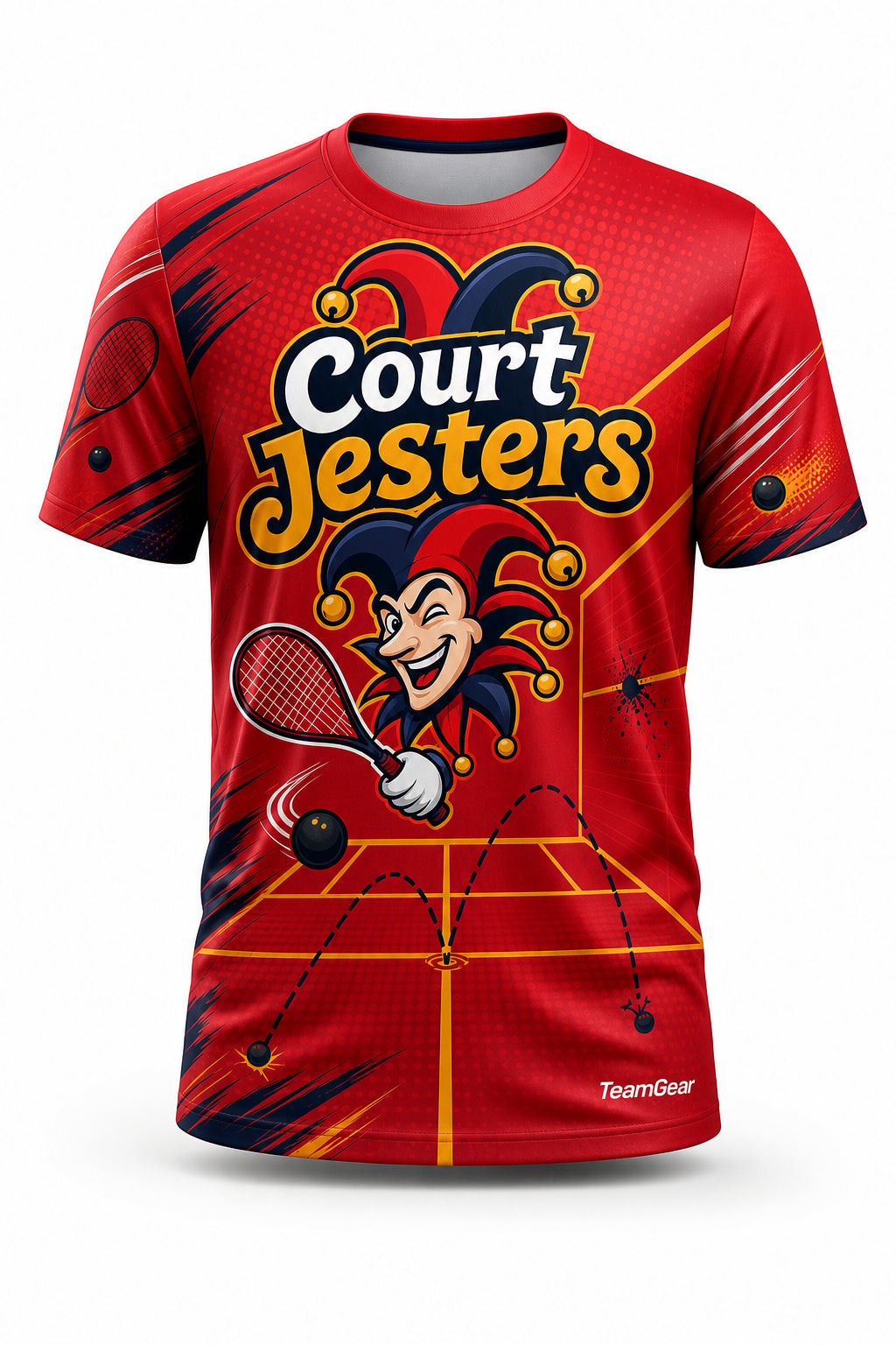 Court Jesters Red Squash Jersey - front and back view