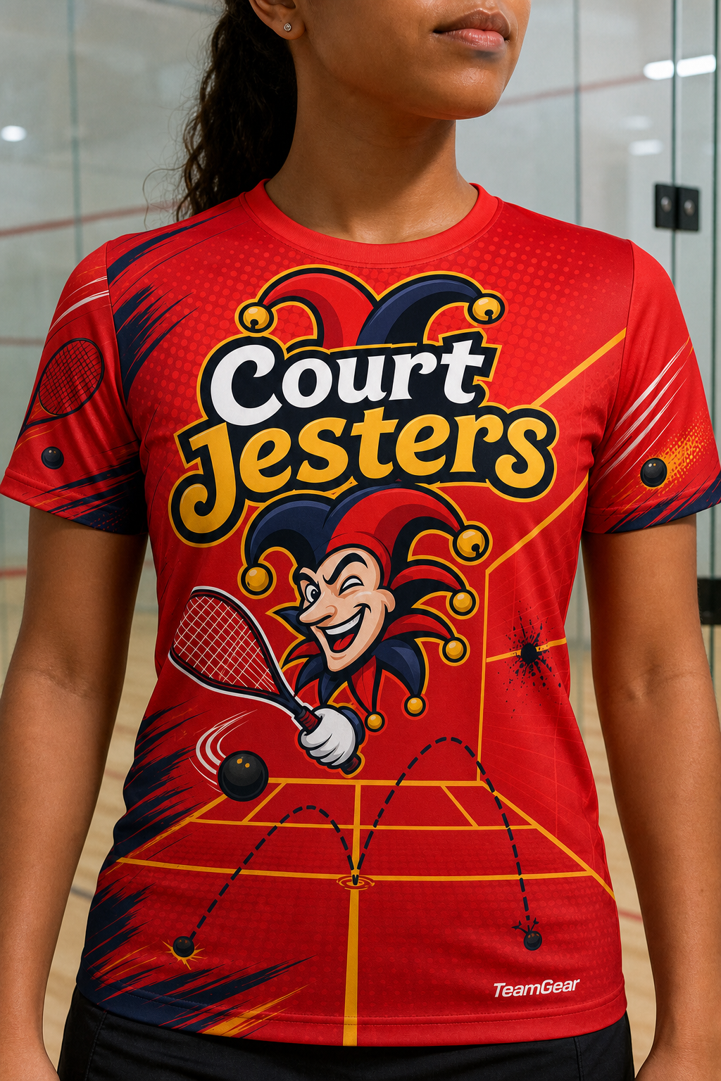 Court Jesters Red Squash Jersey — custom squash jersey worn on model — TeamGear Canada