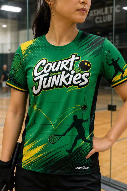Court Junkies Green Racquetball Jersey — custom racquetball jersey worn on model — TeamGear Canada