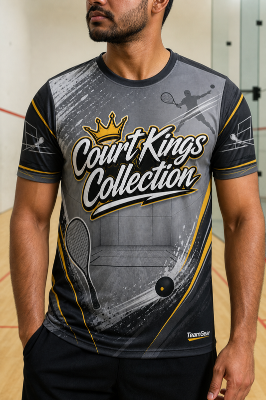 Court Kings Collection Grey Racquetball Jersey — custom racquetball jersey worn on model — TeamGear Canada