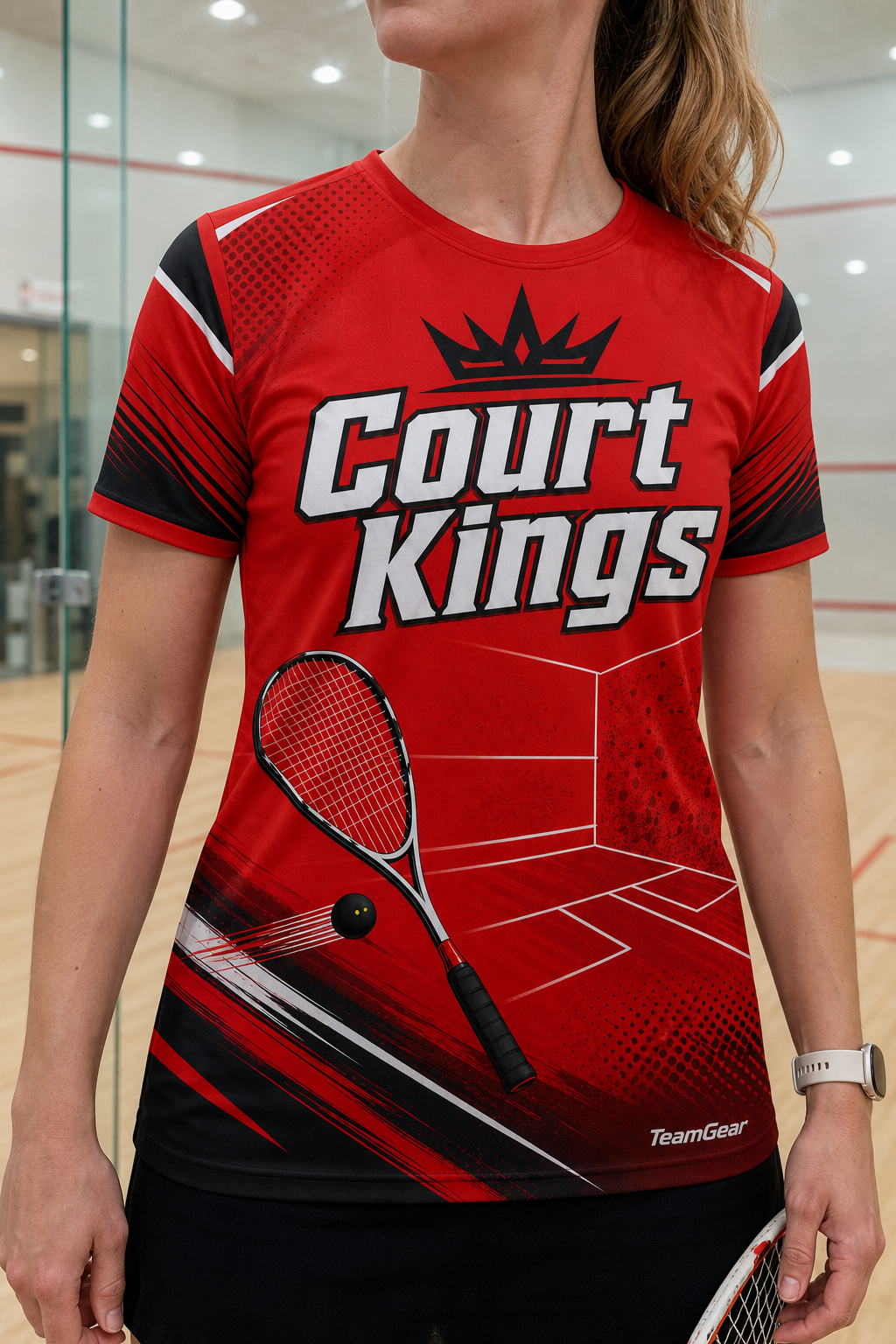Court Kings Red Squash Jersey — custom squash jersey worn on model — TeamGear Canada