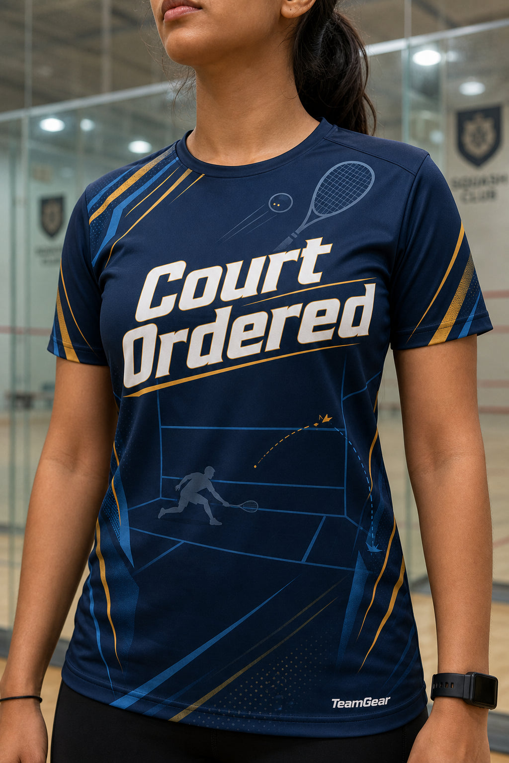 Court Ordered Navy Squash Jersey — custom squash jersey worn on model — TeamGear Canada
