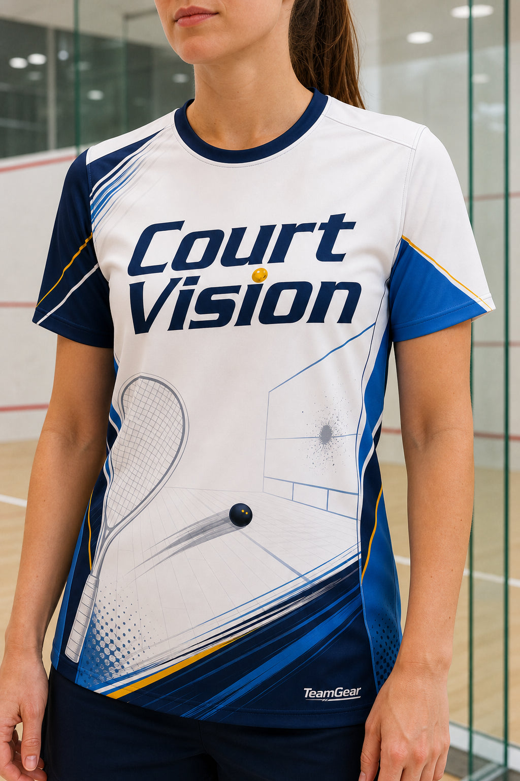 Court Vision White Squash Jersey — custom squash jersey worn on model — TeamGear Canada