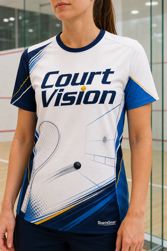 Court Vision White Squash Jersey — custom squash jersey worn on model — TeamGear Canada