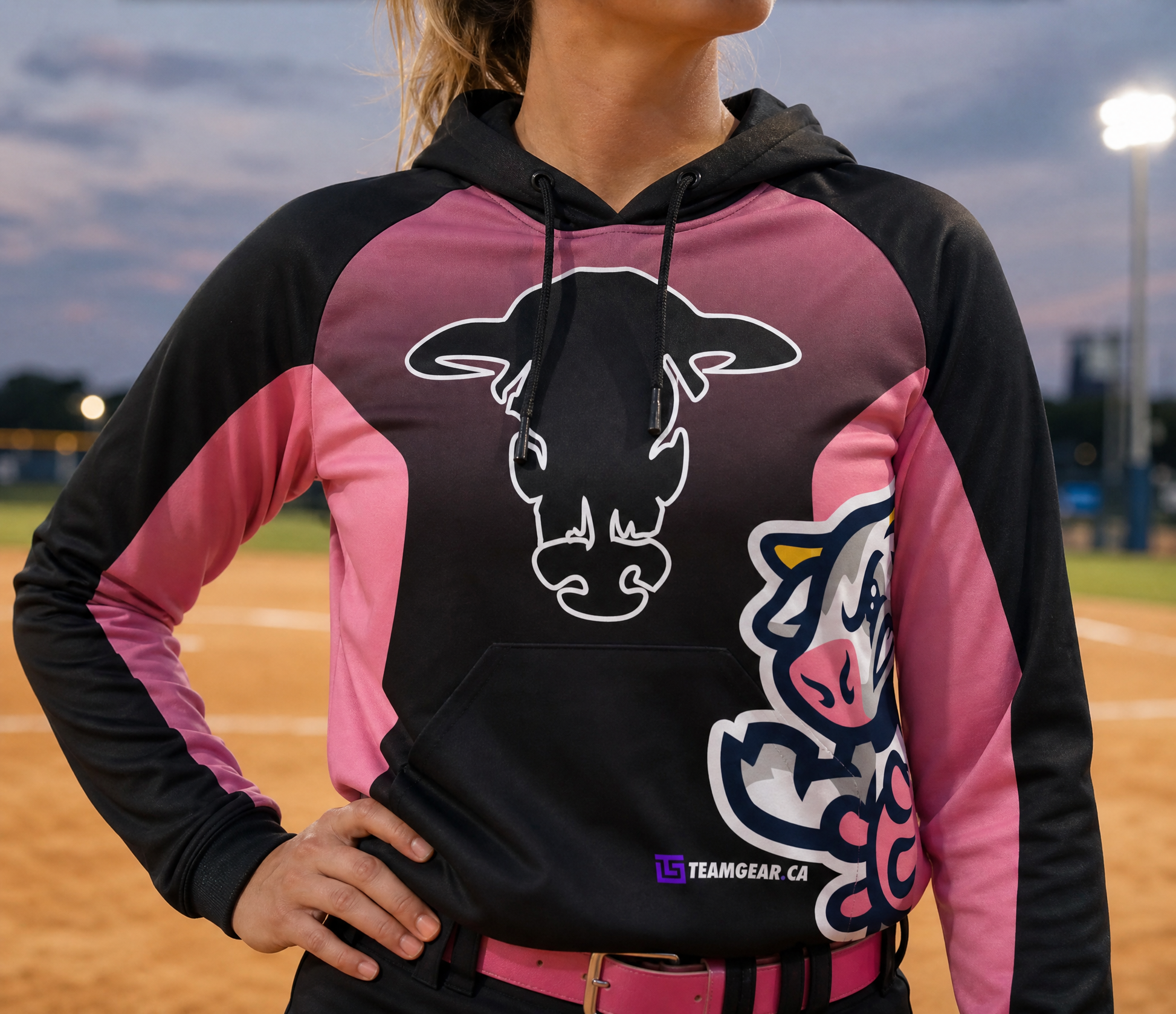 Cows Pink Softball Hoodie — custom softball hoodie worn on model — TeamGear Canada