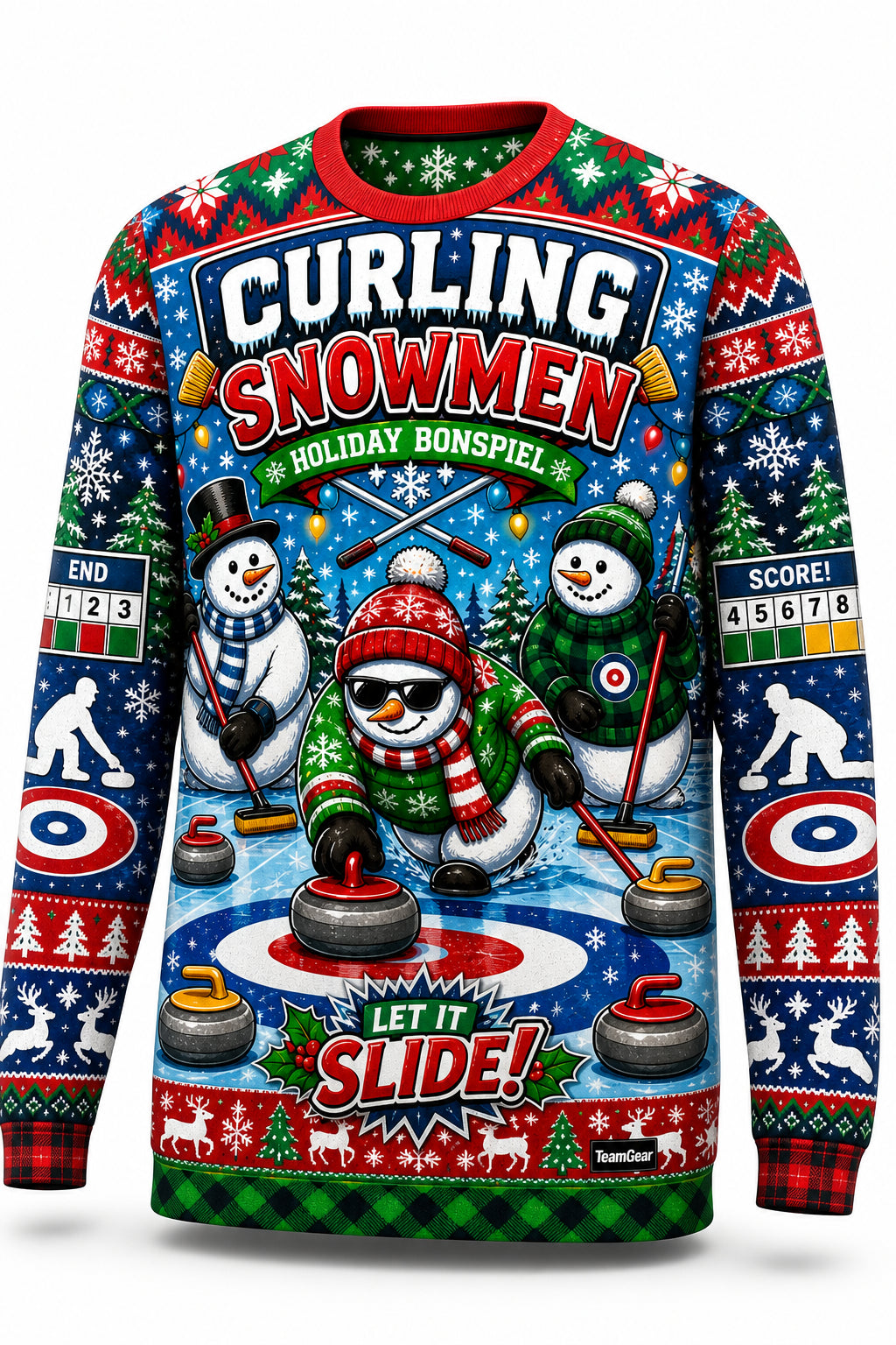 Curling Snowmen Ugly Christmas Sweater - front and back view
