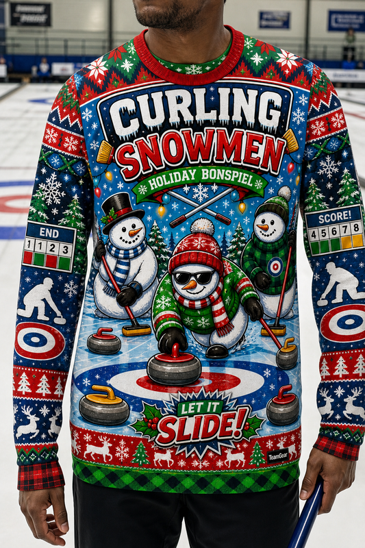 Curling Snowmen Ugly Christmas Sweater — custom curling team apparel worn on model — TeamGear Canada