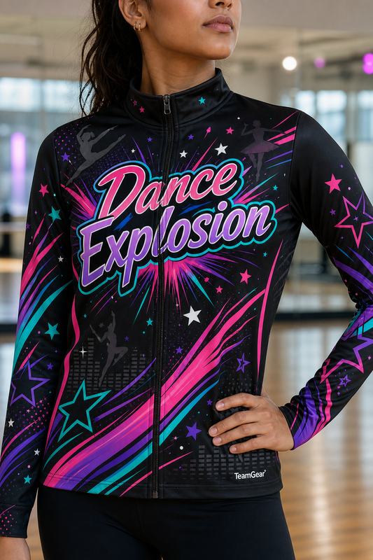 Dance Explosion Black Dance Jacket — custom dance jacket worn on model — TeamGear Canada