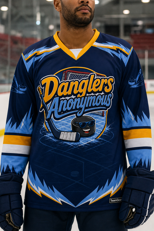 Danglers Anonymous Navy Hockey Jersey — custom hockey jersey worn on model — TeamGear Canada