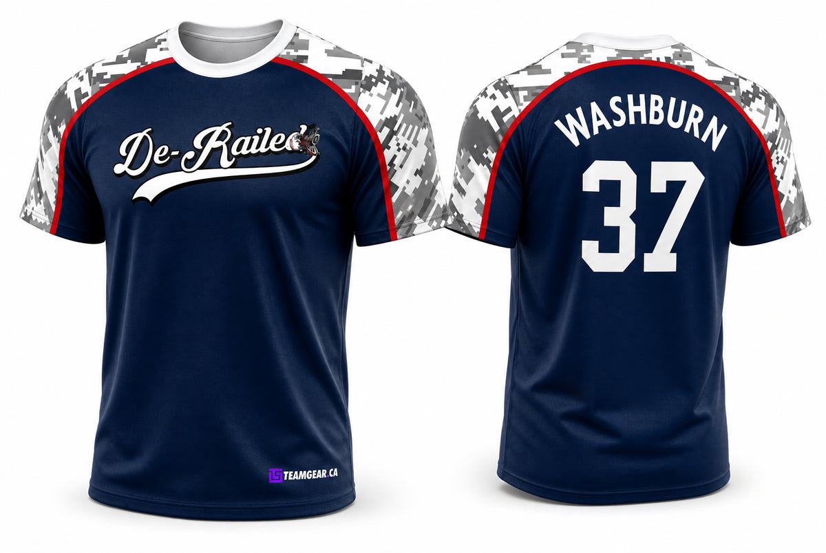 De-Railed Blue and Camo Softball Jersey - front and back view