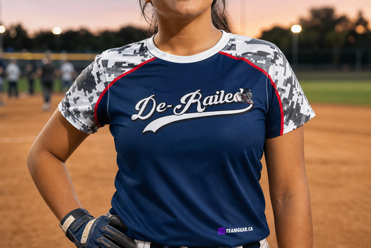 De-Railed Blue and Camo Softball Jersey — custom softball jersey worn on model — TeamGear Canada