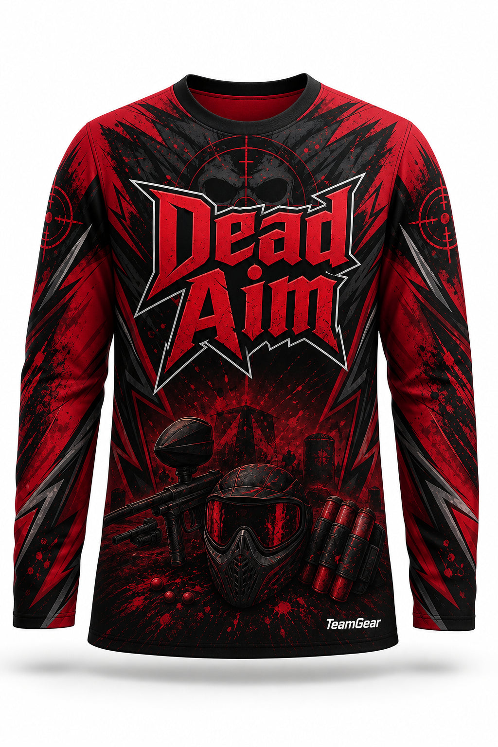 Dead Aim Red Long Sleeve Paintball Jersey - front and back view