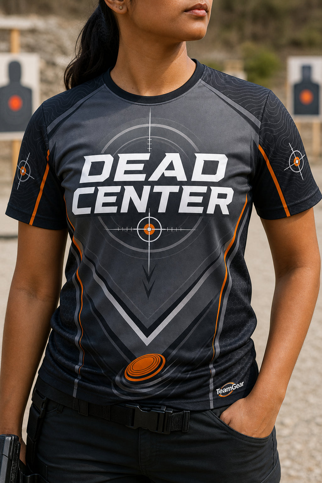 Dead Center Grey Shooting Jersey — custom shooting jersey worn on model — TeamGear Canada