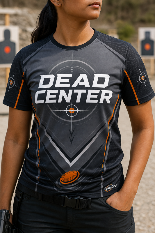 Dead Center Grey Shooting Jersey — custom shooting jersey worn on model — TeamGear Canada