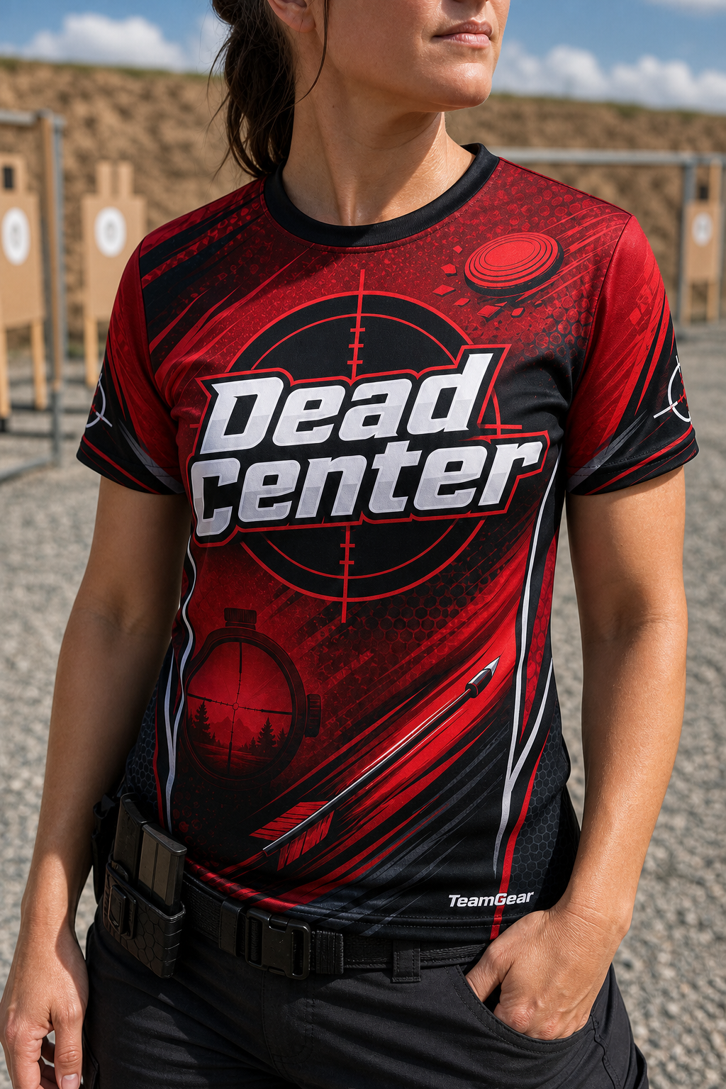 Dead Center Red Shooting Jersey — custom shooting jersey worn on model — TeamGear Canada