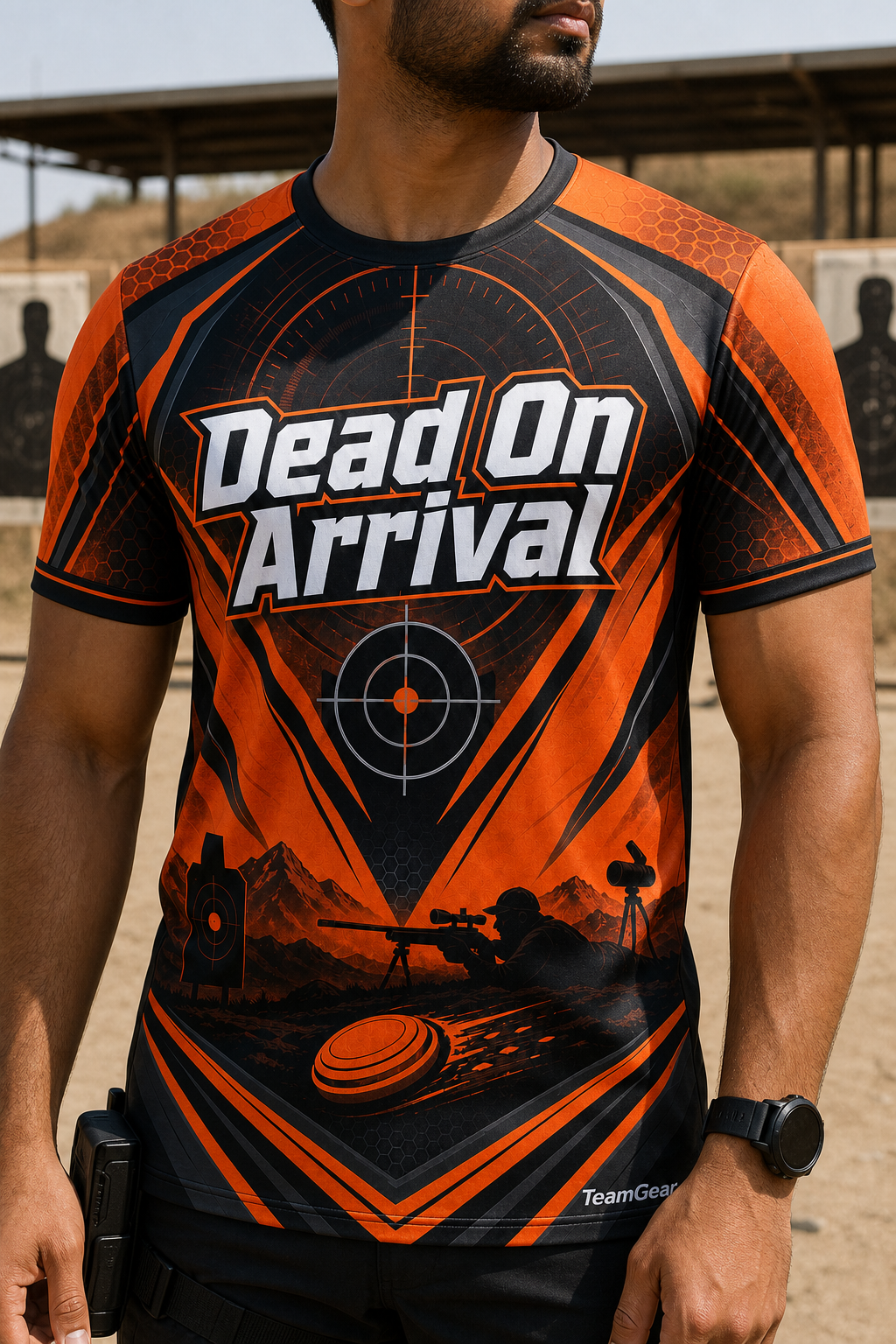 Dead On Arrival Orange Shooting Jersey — custom shooting jersey worn on model — TeamGear Canada