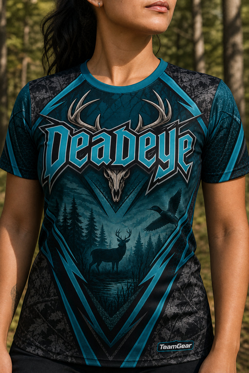 Deadeye Teal Hunting Jersey — custom hunting jersey worn on model — TeamGear Canada