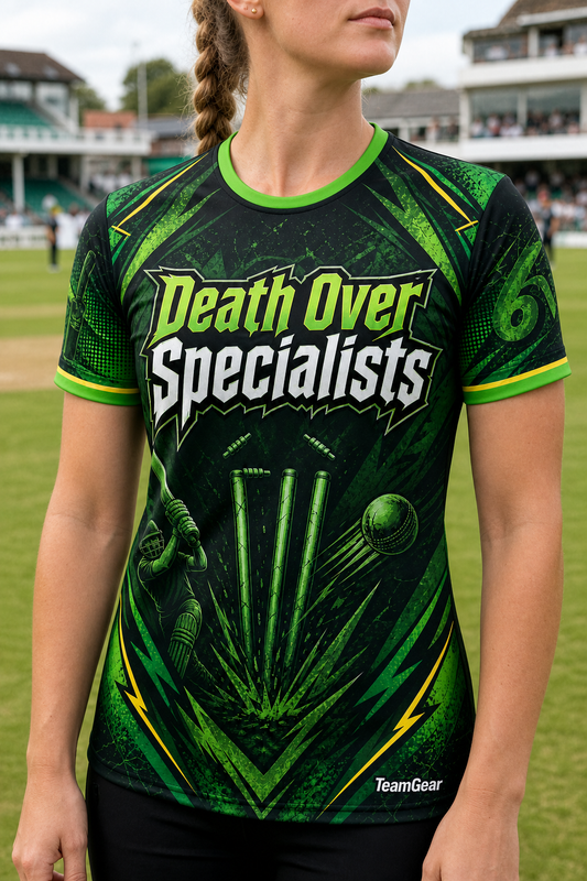 Death Over Specialists Green Cricket Jersey — custom cricket jersey worn on model — TeamGear Canada