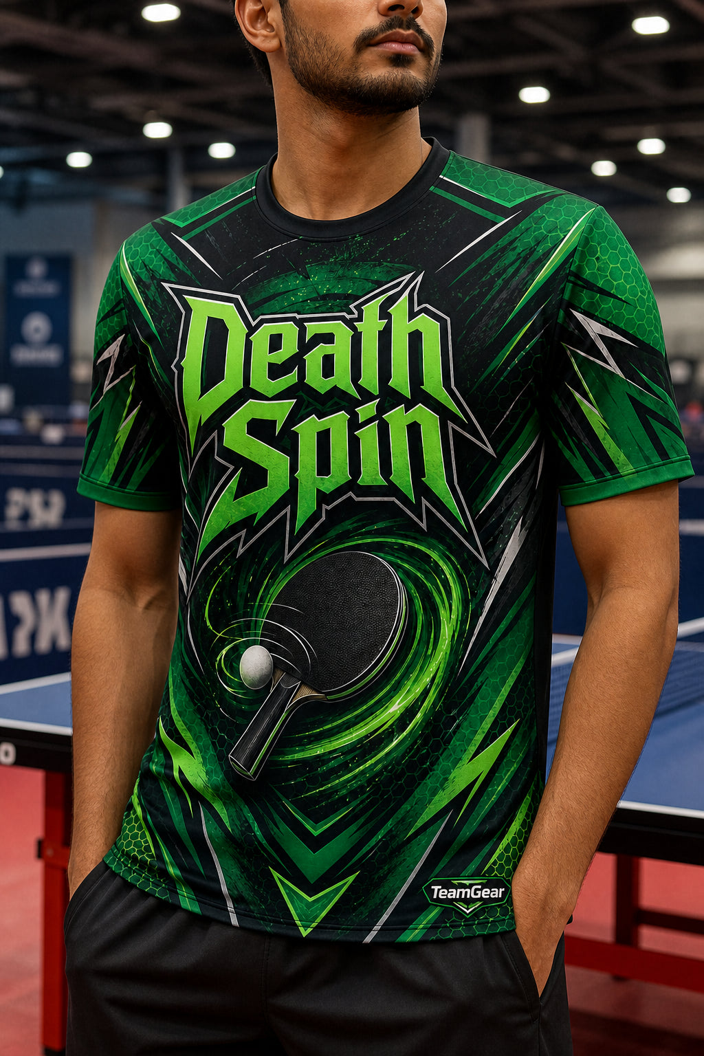 Death Spin Green Table Tennis Jersey — custom table tennis jersey worn on model — TeamGear Canada