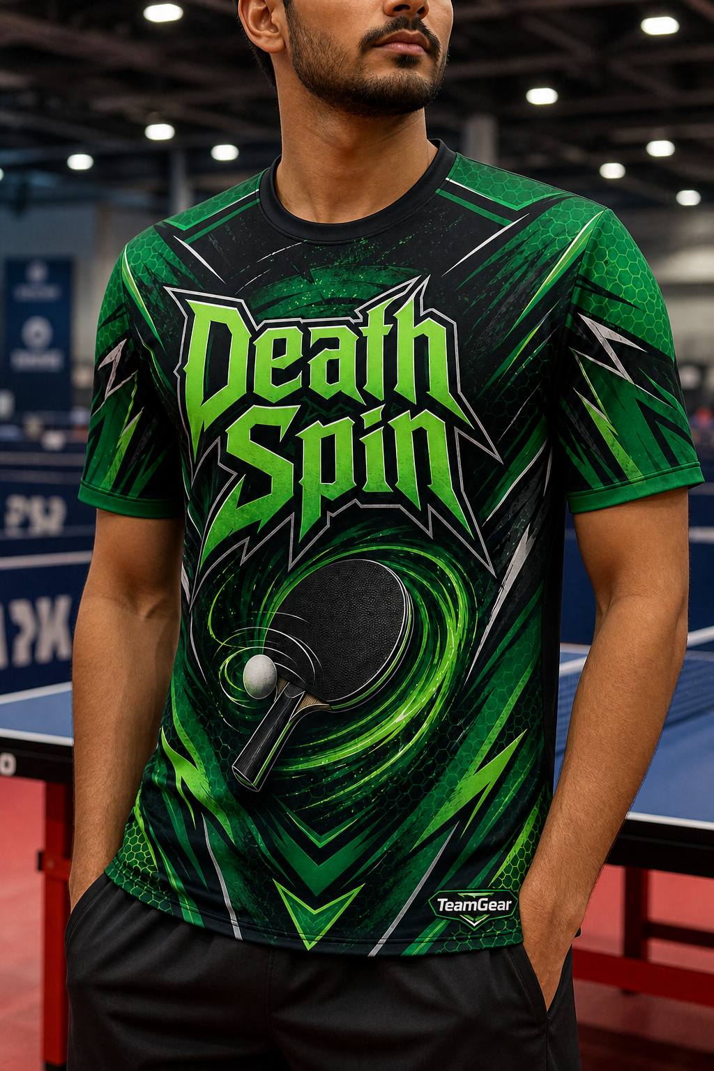 Death Spin Green Table Tennis Jersey — custom table tennis jersey worn on model — TeamGear Canada