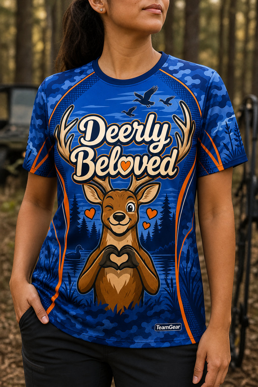 Deerly Beloved Blue Hunting Jersey — custom hunting jersey worn on model — TeamGear Canada