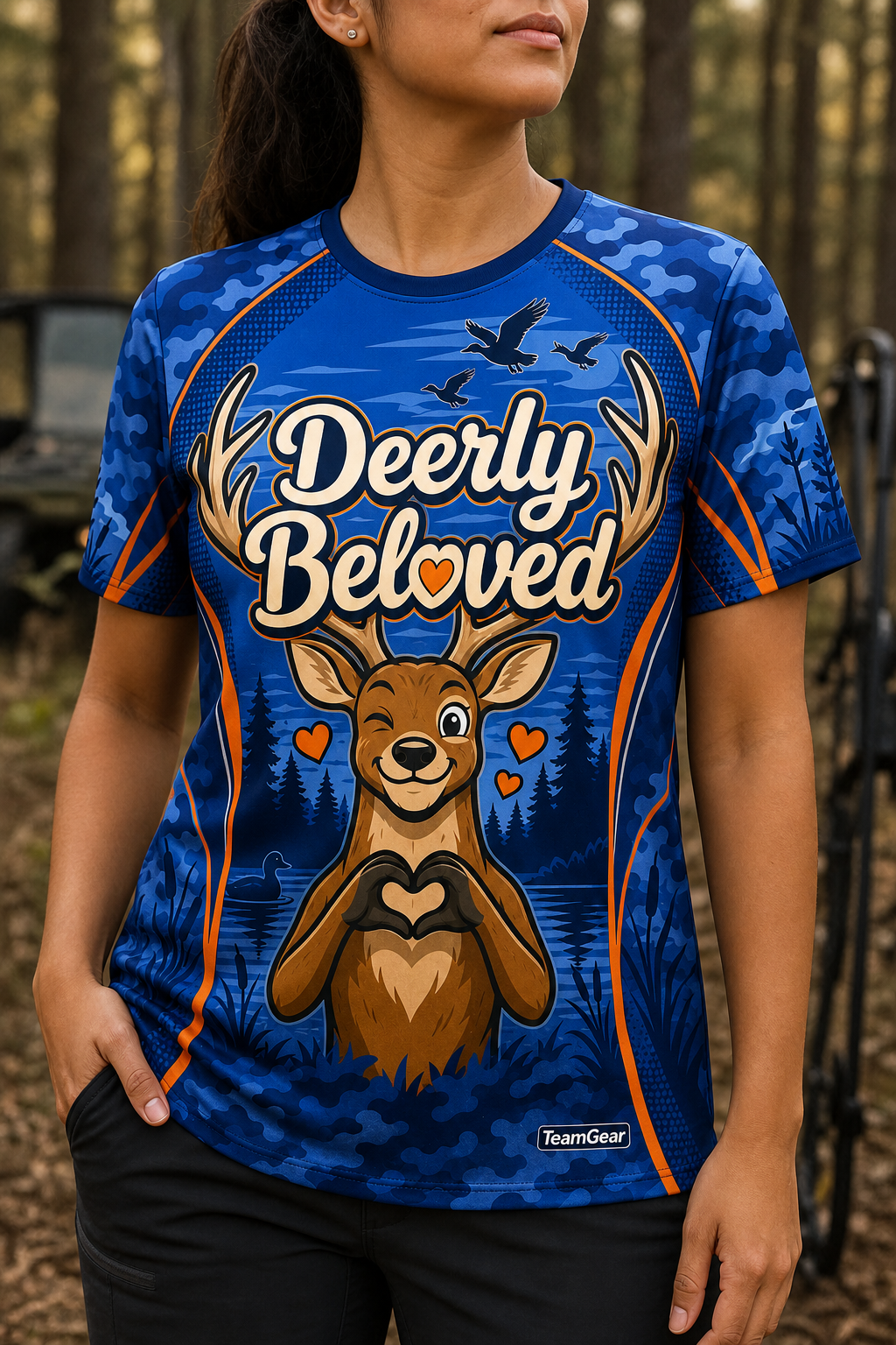 Deerly Beloved Blue Hunting Jersey — custom hunting jersey worn on model — TeamGear Canada