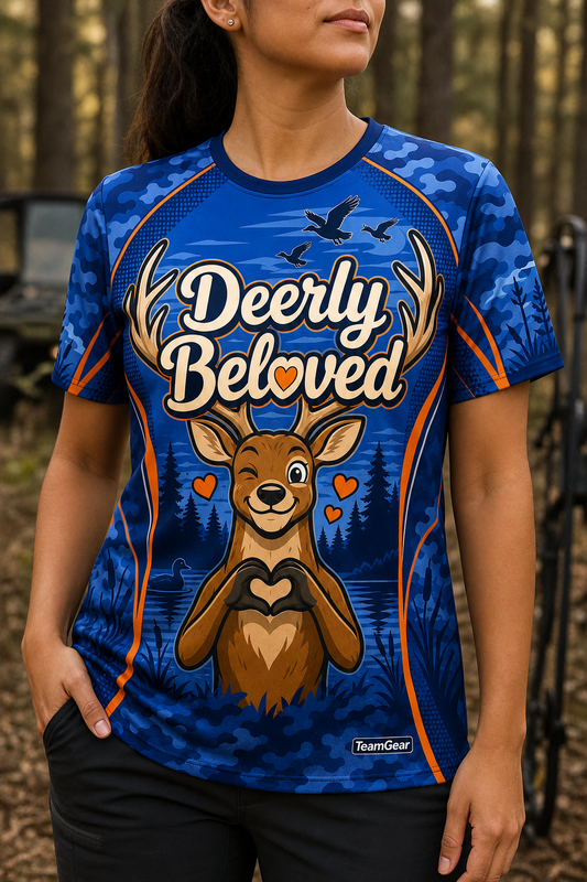 Deerly Beloved Blue Hunting Jersey — custom hunting jersey worn on model — TeamGear Canada