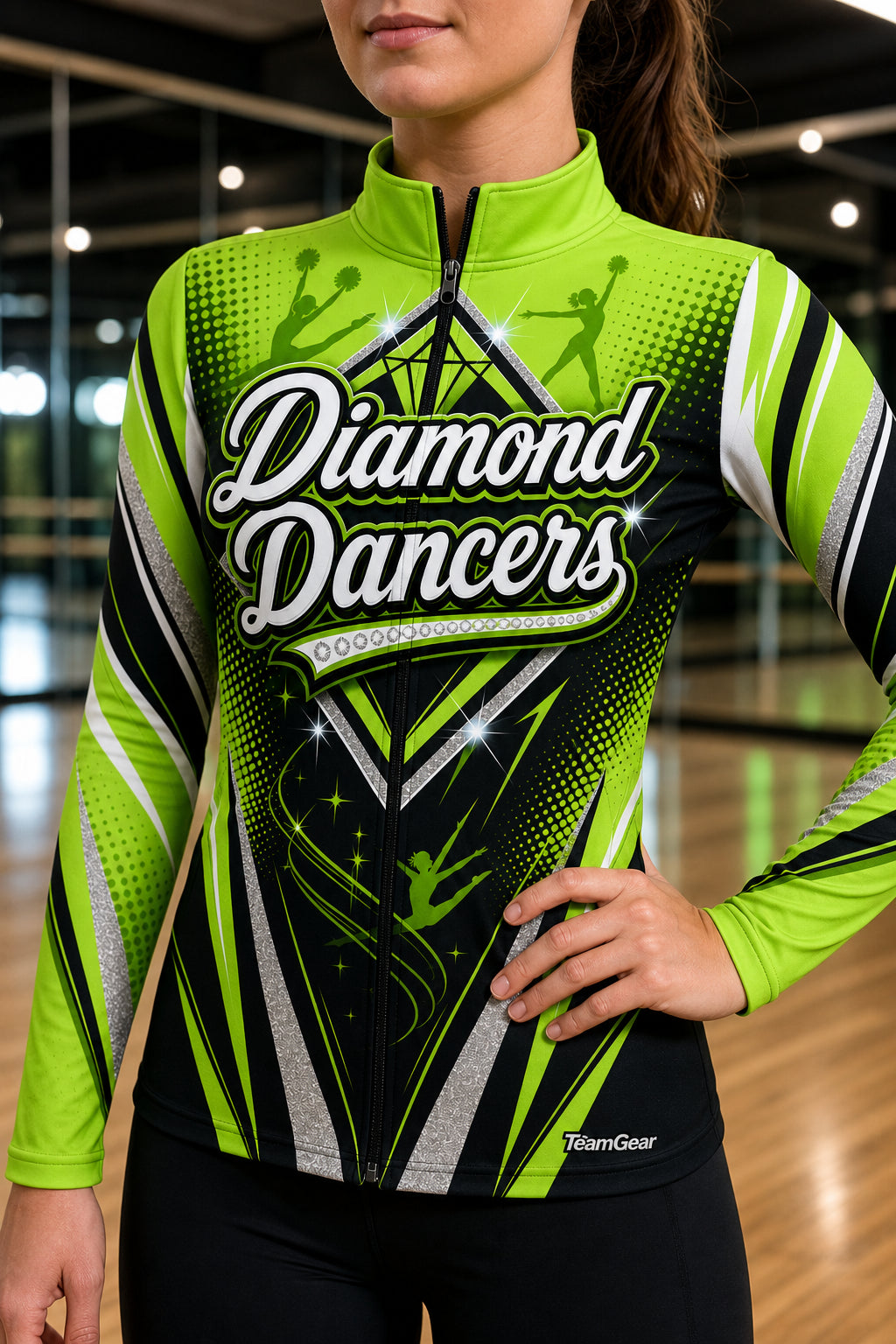 Diamond Dancers Lime Dance Jacket — custom dance jacket worn on model — TeamGear Canada