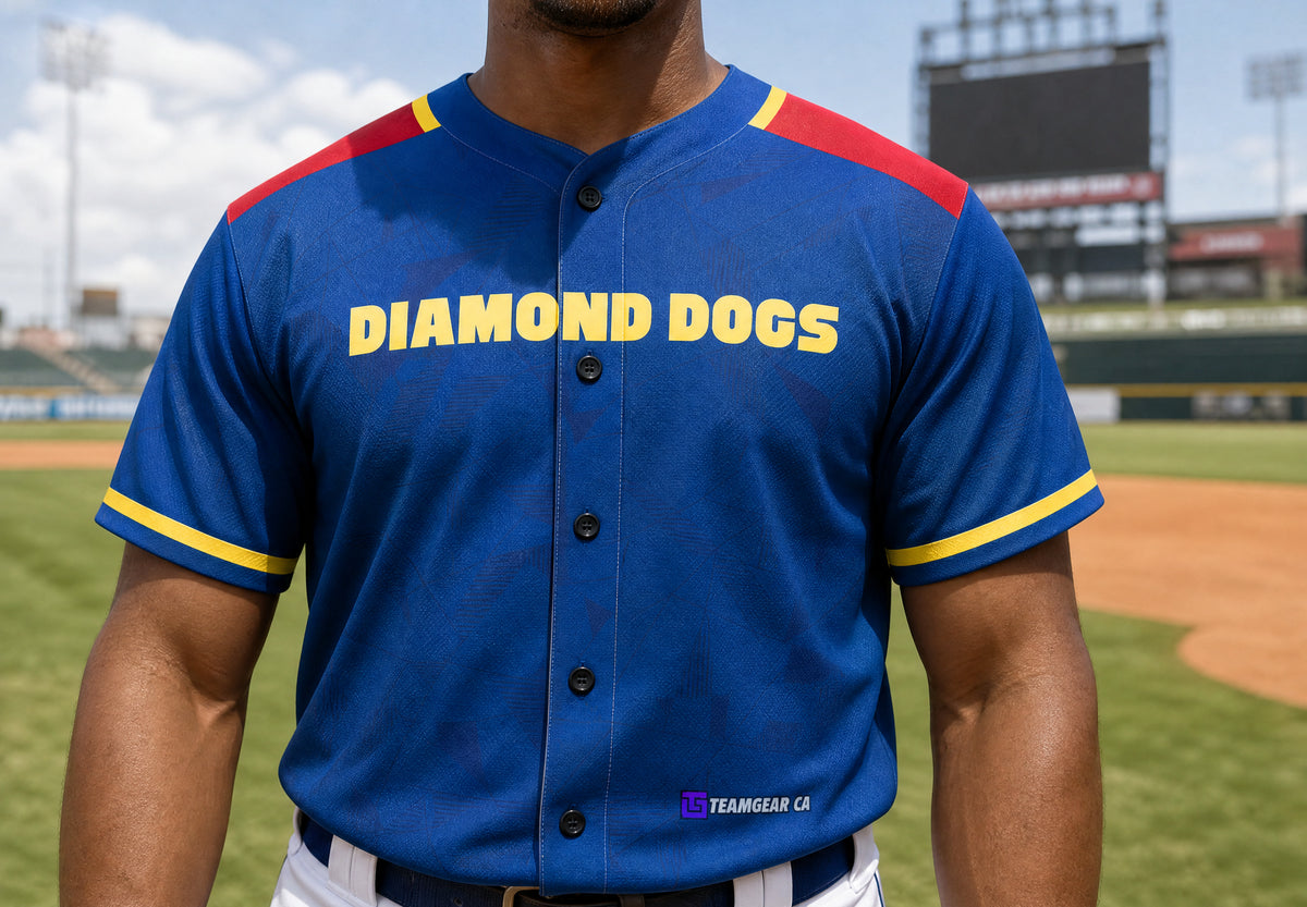 Diamond Dogs Blue Baseball Jersey — custom baseball jersey worn on model — TeamGear Canada