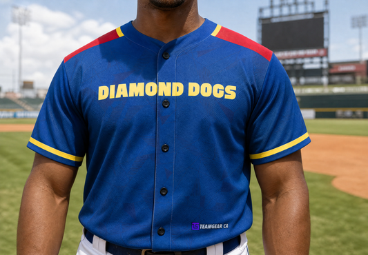 Diamond Dogs Blue Baseball Jersey — custom baseball jersey worn on model — TeamGear Canada