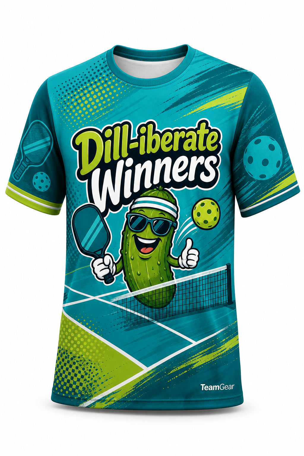 Dill-iberate Winners Teal Pickleball Jersey - front and back view