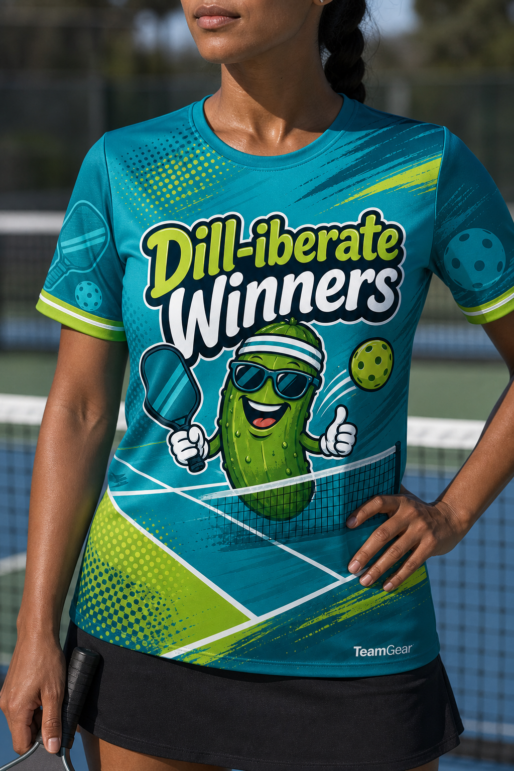 Dill-iberate Winners Teal Pickleball Jersey — custom pickleball jersey worn on model — TeamGear Canada