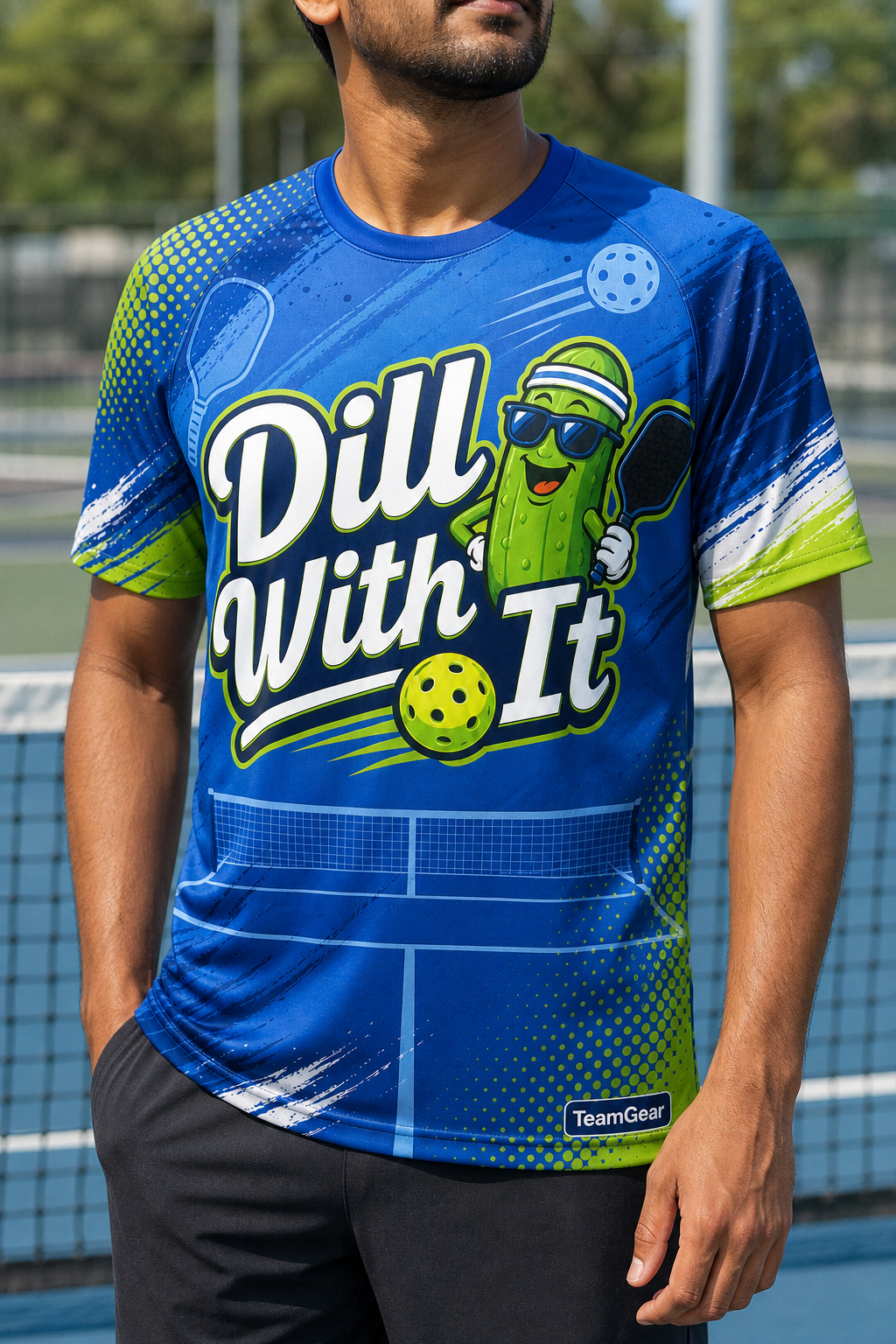 Dill With It Blue Pickleball Jersey — custom pickleball jersey worn on model — TeamGear Canada
