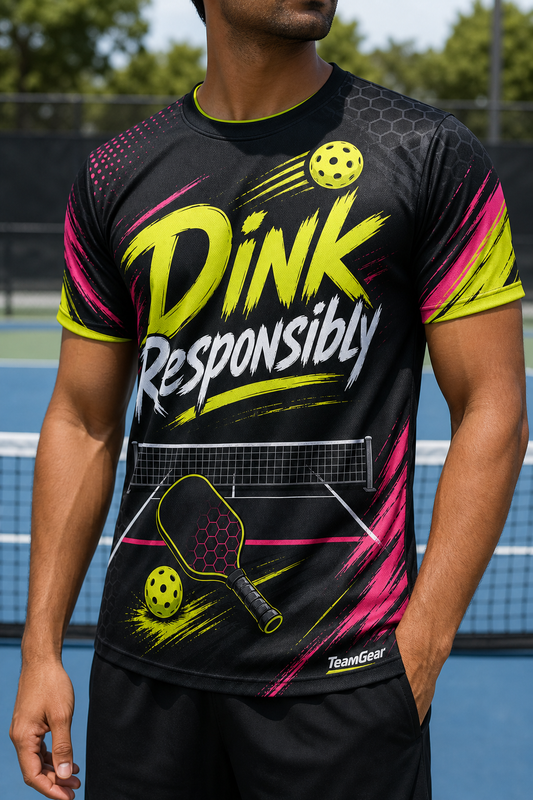Dink Responsibly Black Pickleball Jersey — custom pickleball jersey worn on model — TeamGear Canada