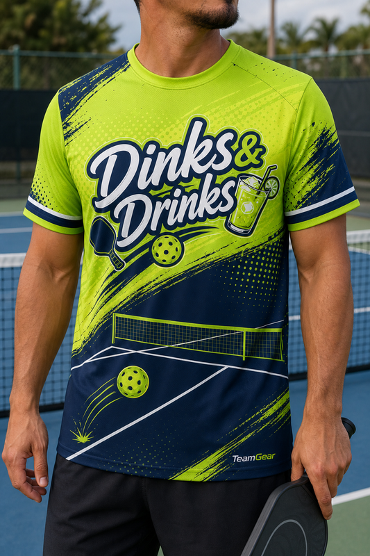Dinks & Drinks Lime Pickleball Jersey — custom pickleball jersey worn on model — TeamGear Canada