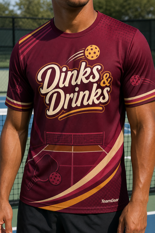 Dinks & Drinks Maroon Pickleball Jersey — custom pickleball jersey worn on model — TeamGear Canada