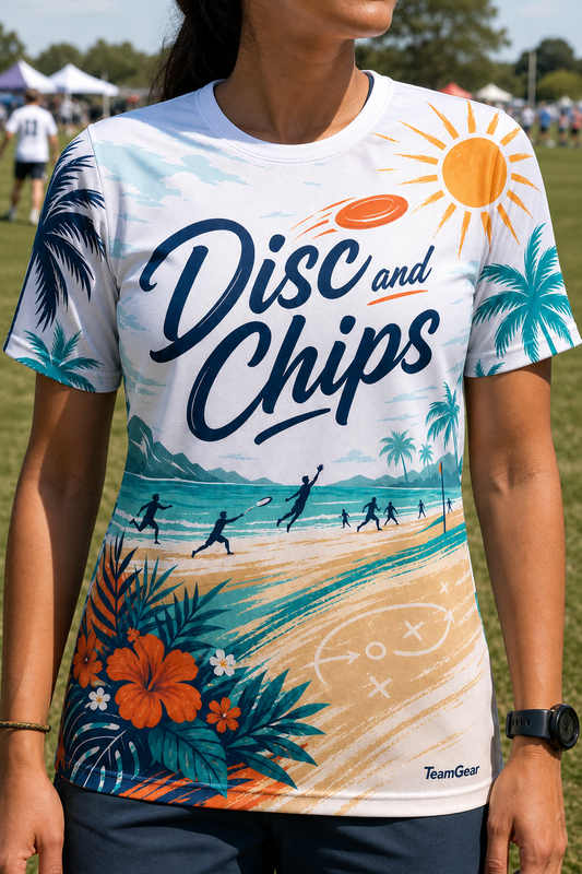 Disc and Chips White Ultimate Frisbee Jersey — custom ultimate frisbee jersey worn on model — TeamGear Canada