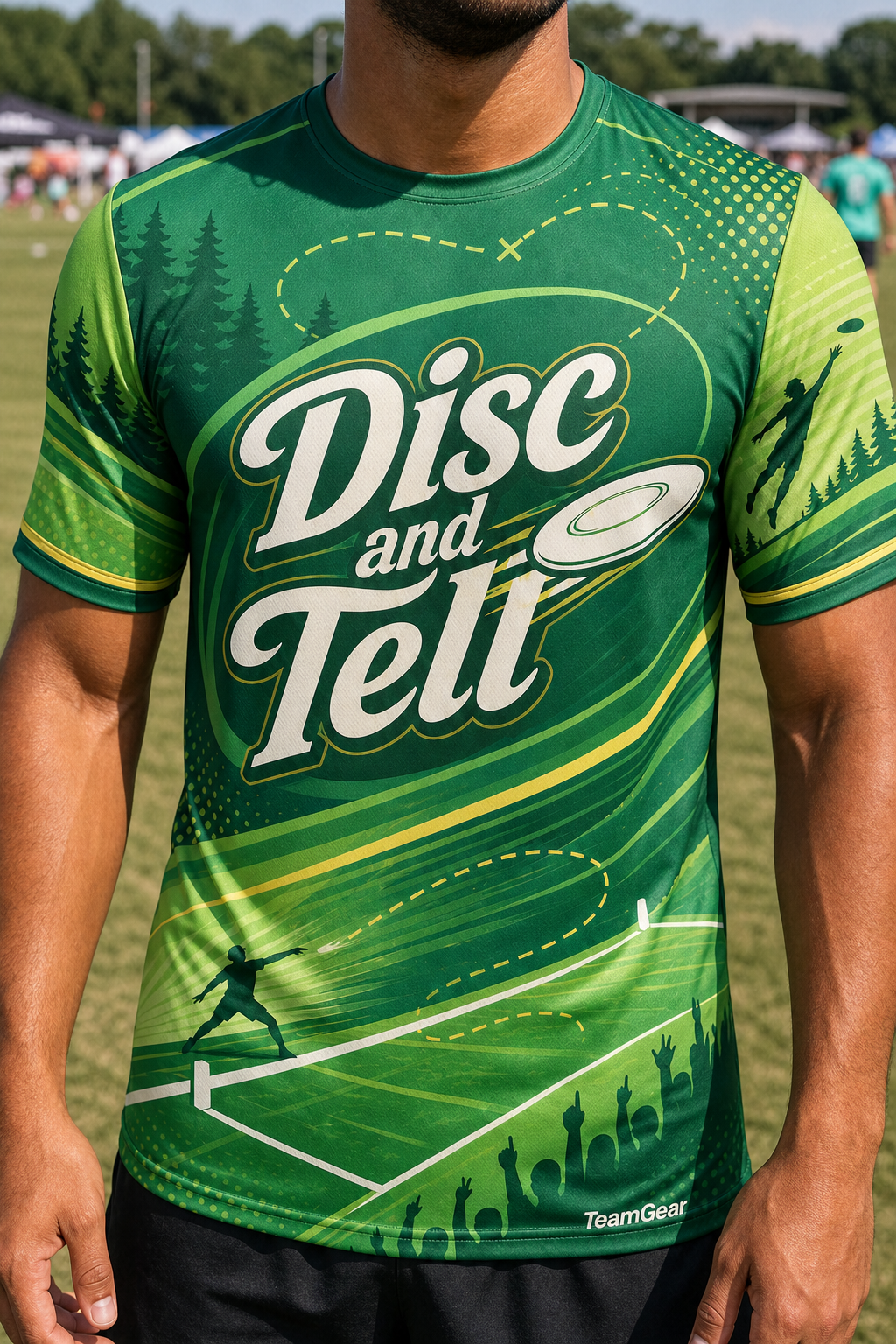 Disc and Tell Green Ultimate Frisbee Jersey — custom ultimate frisbee jersey worn on model — TeamGear Canada
